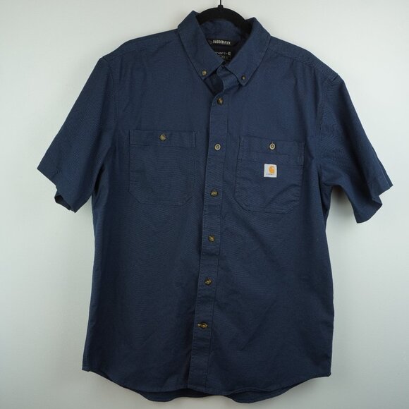 Carhartt Rugged Flex Ralaxed Fit Navy Blue Short Sleeve Button Up Shirt SZ Large - Picture 1 of 7